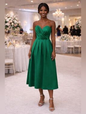 Strapless Emerald Green Satin Midi Dress with Draped Bodice